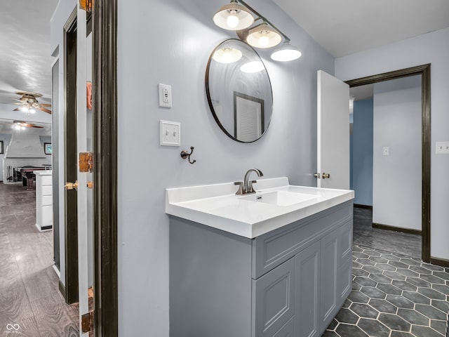 bathroom featuring ceiling fan and vanity