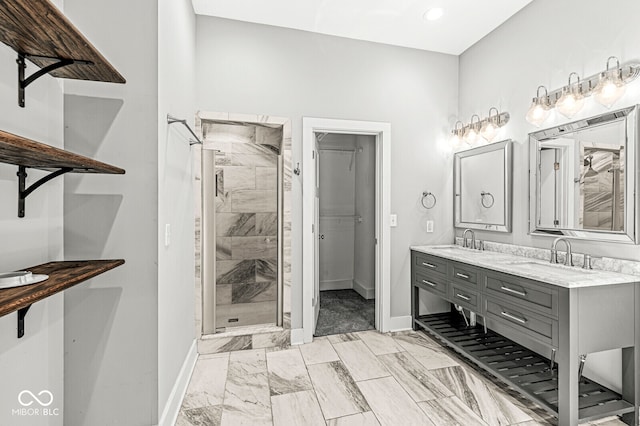 bathroom featuring vanity and a tile shower