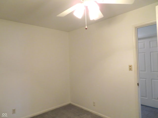 unfurnished room with dark carpet, a ceiling fan, and baseboards