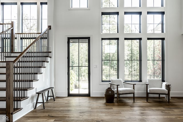 doorway with a wealth of natural light, hardwood / wood-style flooring, and a towering ceiling