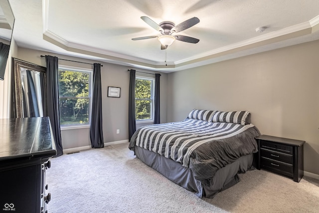 bedroom featuring light carpet, a raised ceiling, and baseboards