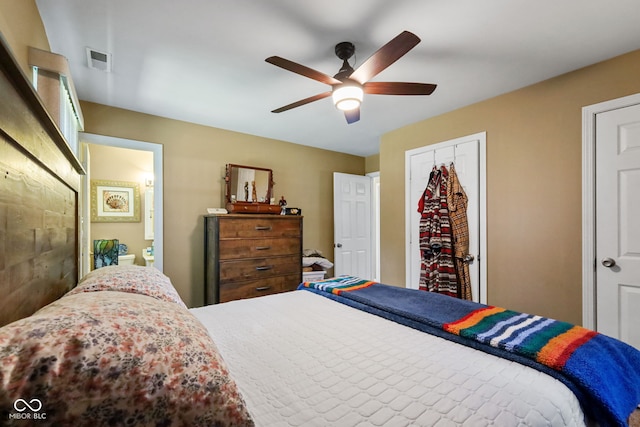 bedroom with a closet, visible vents, and ceiling fan