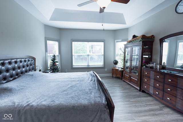 bedroom featuring ceiling fan, light wood-type flooring, and a tray ceiling