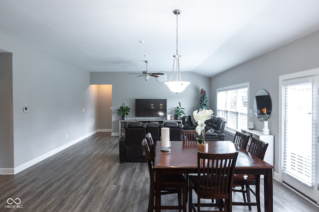 dining space featuring lofted ceiling, ceiling fan, and dark hardwood / wood-style floors