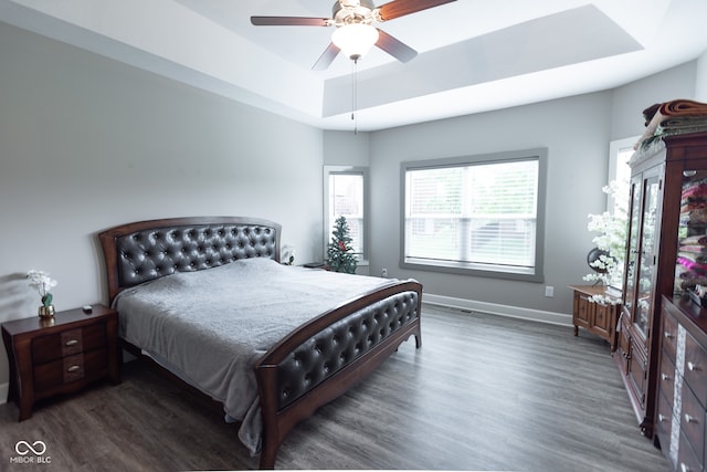 bedroom with ceiling fan, a raised ceiling, and dark hardwood / wood-style flooring