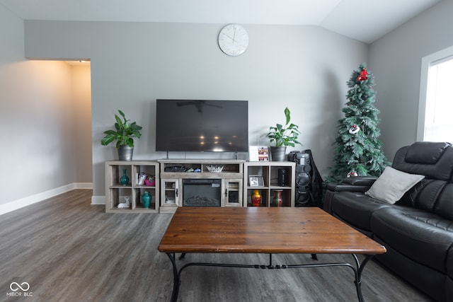 living room featuring lofted ceiling and hardwood / wood-style floors