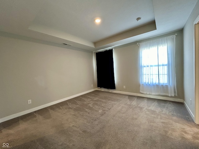 carpeted spare room with a raised ceiling