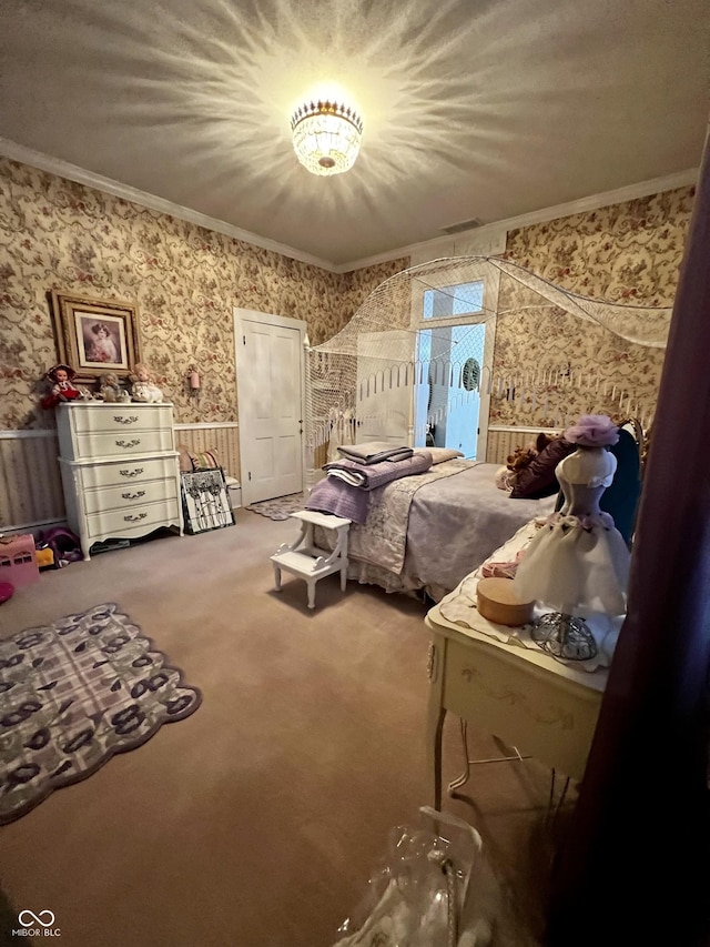 bedroom featuring wallpapered walls, carpet floors, and ornamental molding