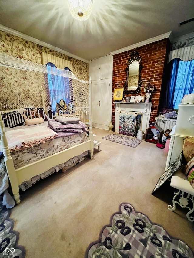 bedroom featuring carpet floors, brick wall, ornamental molding, and a fireplace