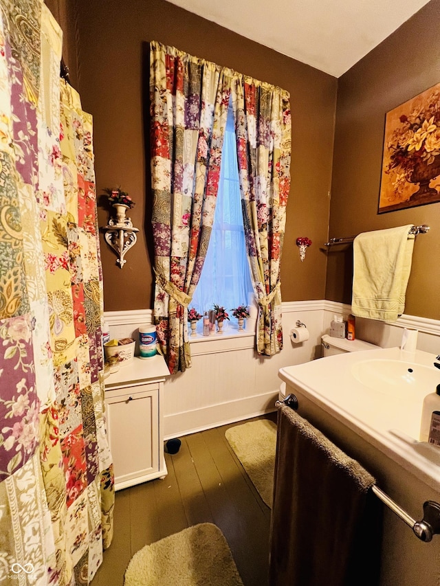 bathroom with hardwood / wood-style floors, vanity, and wainscoting