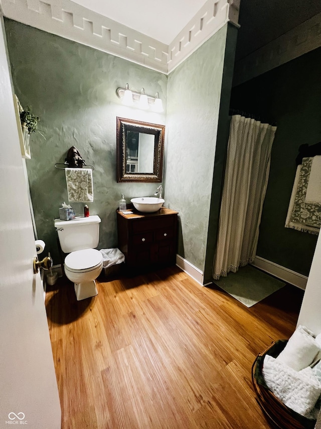 bathroom with toilet, vanity, baseboards, and wood finished floors