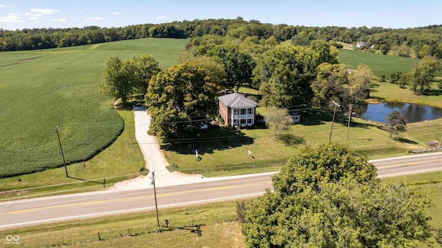 aerial view featuring a water view and a rural view