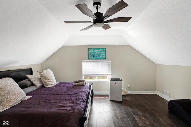 bedroom with lofted ceiling, ceiling fan, and dark hardwood / wood-style floors