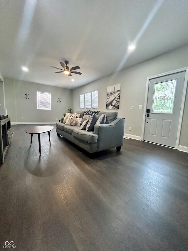 1938 E 11th St, Indianapolis, IN 46201 - living area featuring plenty of natural light, a ceiling fan, baseboards, dark wood finished floors, and recessed lighting