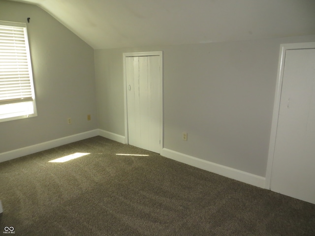 unfurnished bedroom with lofted ceiling, carpet flooring, and multiple windows