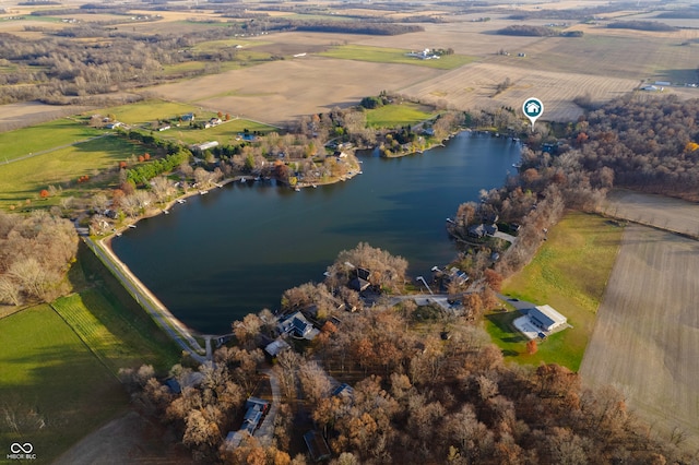 bird's eye view featuring a rural view and a water view