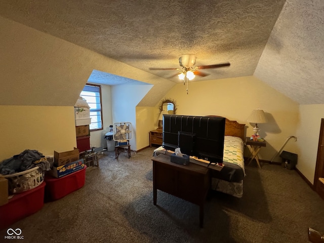 carpeted bedroom with a textured ceiling, ceiling fan, and vaulted ceiling