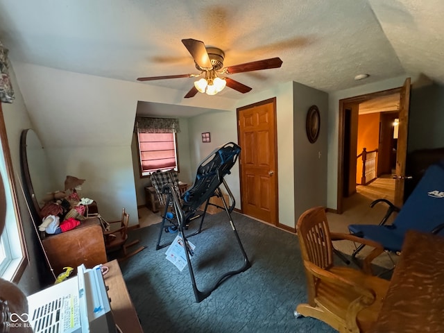 workout room featuring a textured ceiling, carpet, plenty of natural light, and ceiling fan