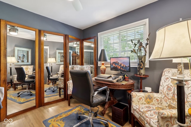 office featuring ceiling fan and light hardwood / wood-style floors