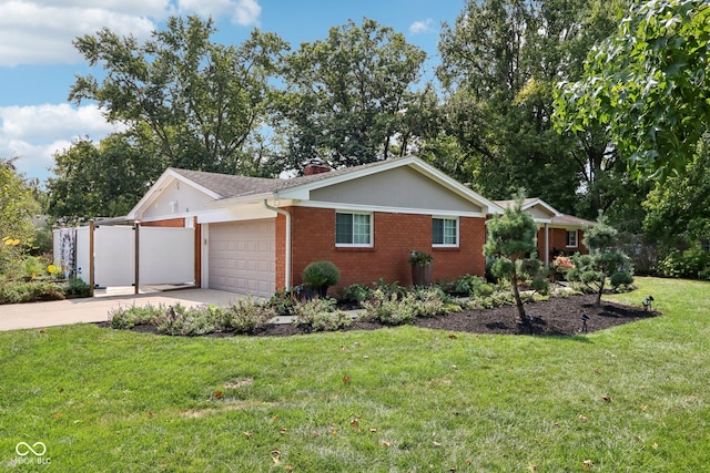 ranch-style house with a front yard and a garage