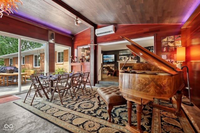 interior space featuring vaulted ceiling with beams, wood ceiling, wood walls, and a wall mounted air conditioner