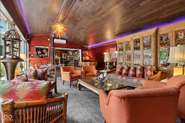 living room featuring wooden ceiling, vaulted ceiling, and a wall mounted air conditioner