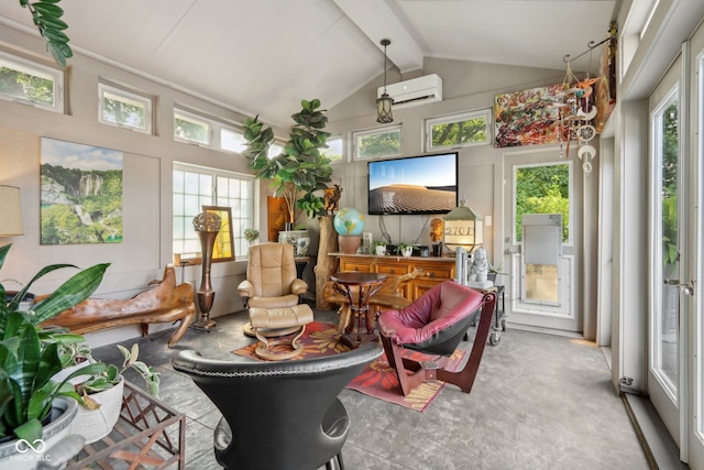 sunroom / solarium featuring lofted ceiling with beams, a wall unit AC, and a wealth of natural light