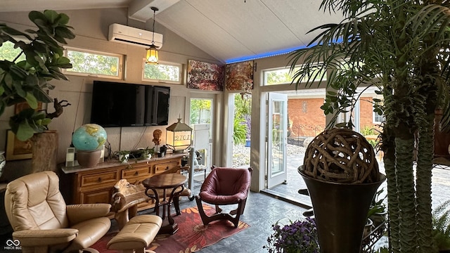 sitting room with concrete floors, a wall mounted air conditioner, high vaulted ceiling, and beamed ceiling