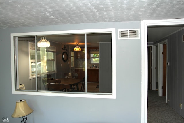 exterior details featuring a textured ceiling and carpet floors