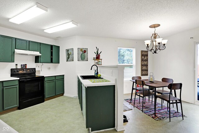 kitchen with sink, decorative light fixtures, an inviting chandelier, green cabinetry, and black range with electric stovetop