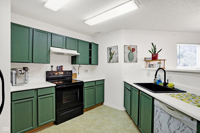 kitchen featuring green cabinets, black electric range, white dishwasher, and sink