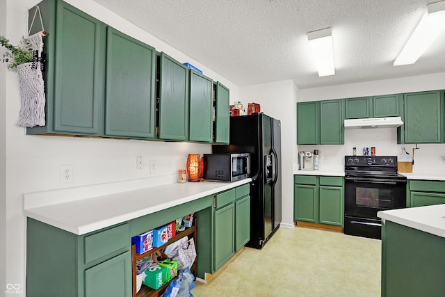 kitchen with a textured ceiling, green cabinets, and black appliances