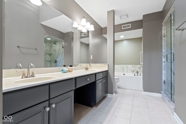 full bathroom with vanity, toilet, separate shower and tub, and tile patterned flooring