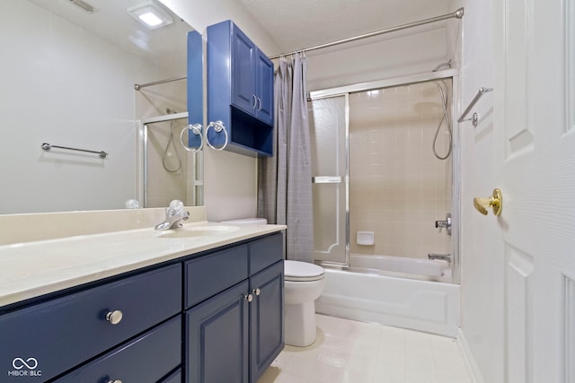 full bathroom with toilet, vanity, and shower / bath combination with curtain