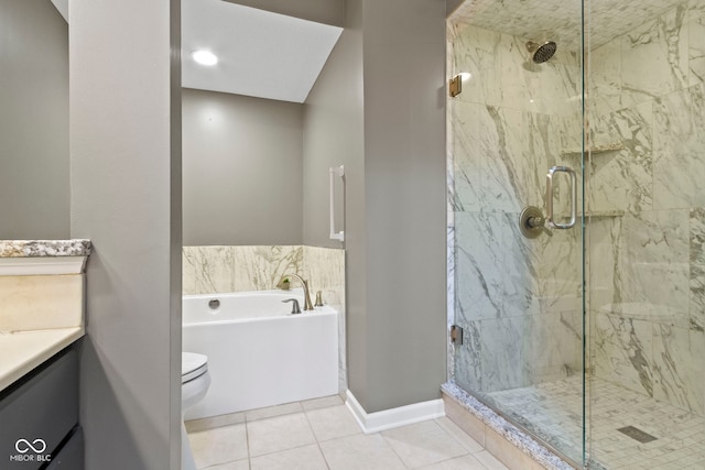 full bathroom with vanity, shower with separate bathtub, toilet, and tile patterned flooring