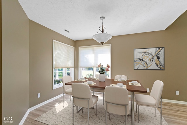 dining area featuring light hardwood / wood-style flooring and a textured ceiling