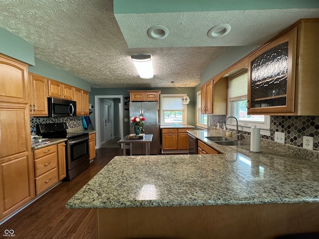 kitchen featuring appliances with stainless steel finishes, sink, kitchen peninsula, dark wood-type flooring, and decorative backsplash