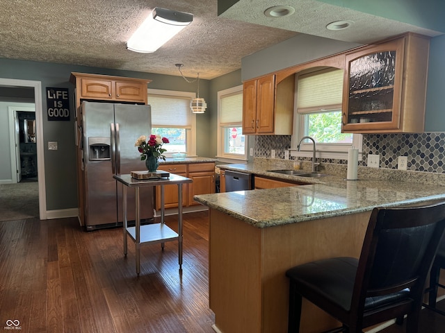 kitchen featuring hanging light fixtures, stainless steel appliances, sink, decorative backsplash, and dark hardwood / wood-style floors