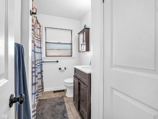 full bathroom featuring visible vents, toilet, curtained shower, tile patterned flooring, and vanity