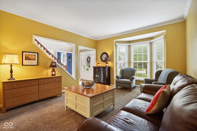 carpeted living room with ornamental molding