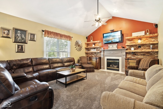 living room featuring dark carpet, ceiling fan, and vaulted ceiling