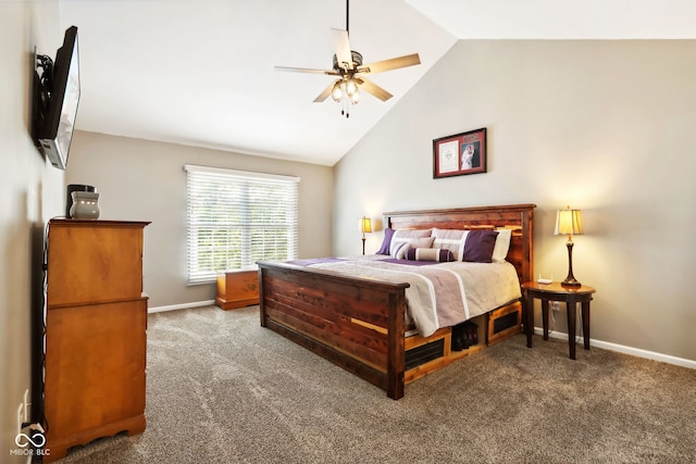 bedroom featuring carpet flooring, ceiling fan, and vaulted ceiling