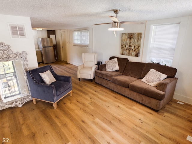 living room featuring a textured ceiling, light hardwood / wood-style flooring, and a healthy amount of sunlight