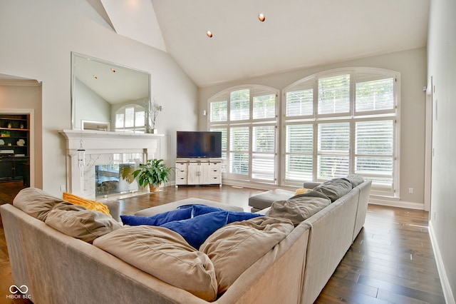 living room with a fireplace, high vaulted ceiling, and hardwood / wood-style floors