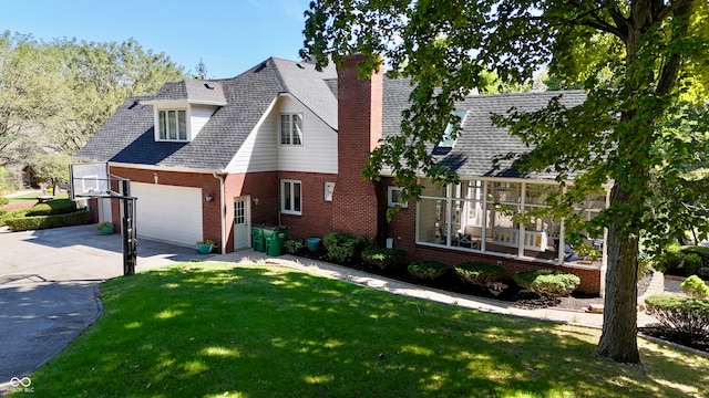 front facade featuring a garage and a front lawn