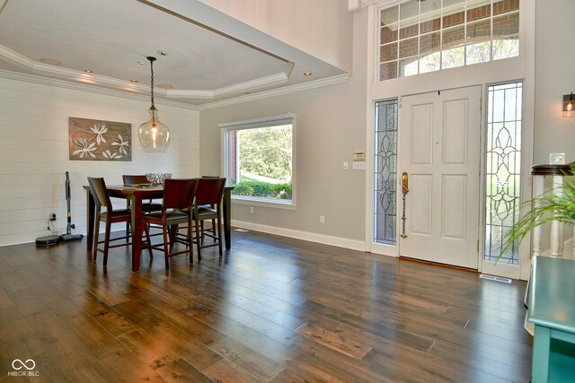 entryway featuring crown molding, dark hardwood / wood-style floors, and a raised ceiling