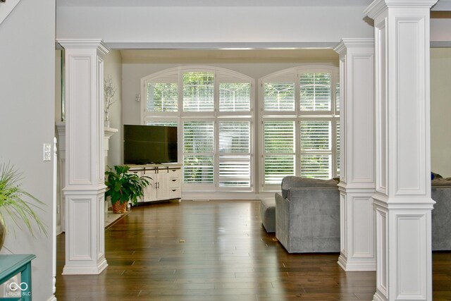 living room with dark wood-type flooring, a healthy amount of sunlight, and decorative columns