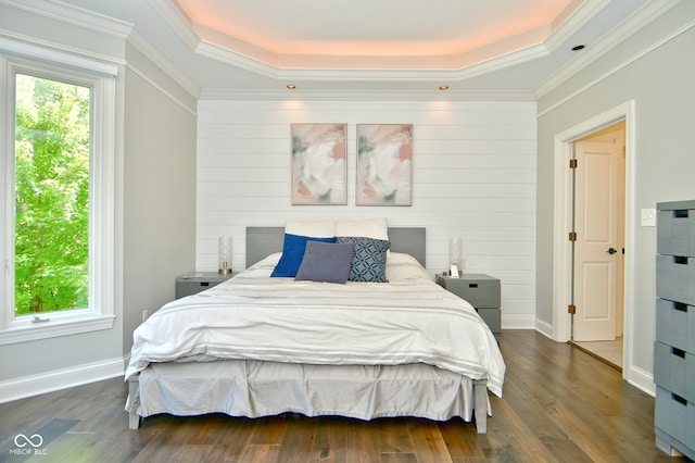 bedroom with multiple windows, a raised ceiling, and dark wood-type flooring