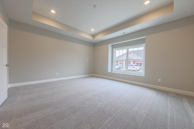 spare room featuring carpet floors and a tray ceiling