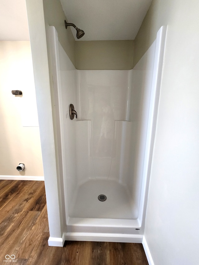 bathroom featuring a shower and hardwood / wood-style floors